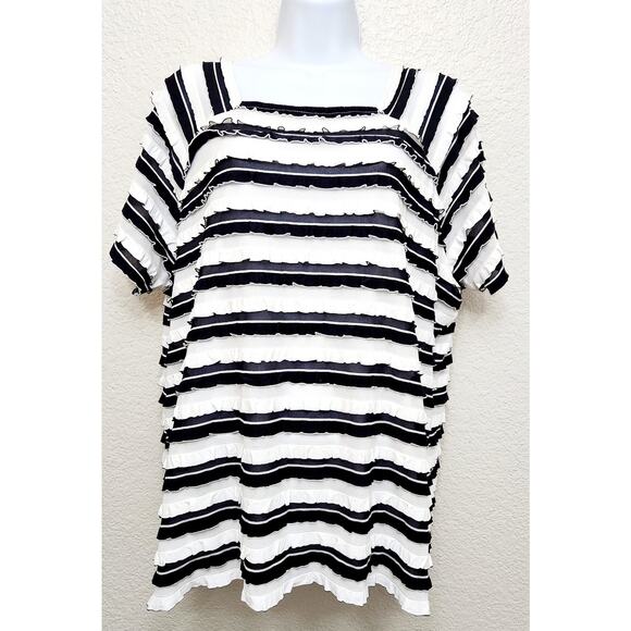 TanJay Black White Striped Ruffled Pleats Square Neck Top 1X Lightweight Soft - Picture 1 of 6
